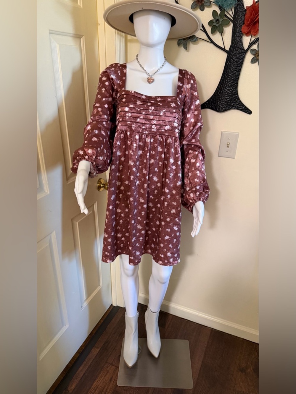 Crystal DollFloral Square-Neck Long Sleeve Dress NWT